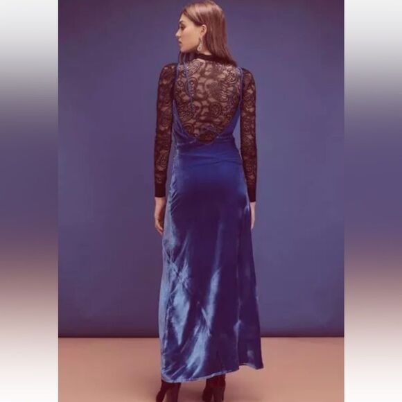 For Love And Lemons Maxi Dress Womens Sz M  Cobalt Blue Velvet Full Length Open - Picture 4 of 16
